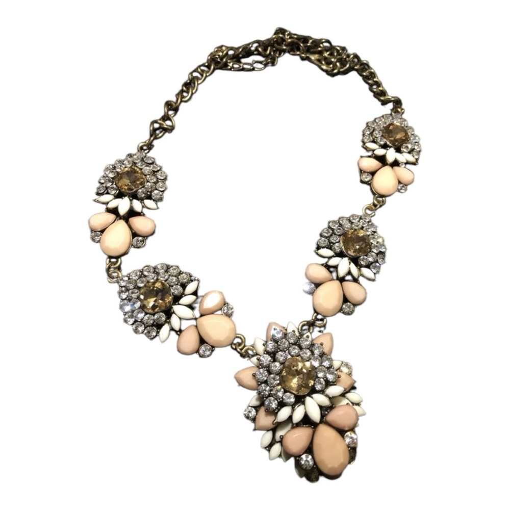 Vintage Gold Tone Flower Cream Beads with Rhinestones Statement Necklace 22”